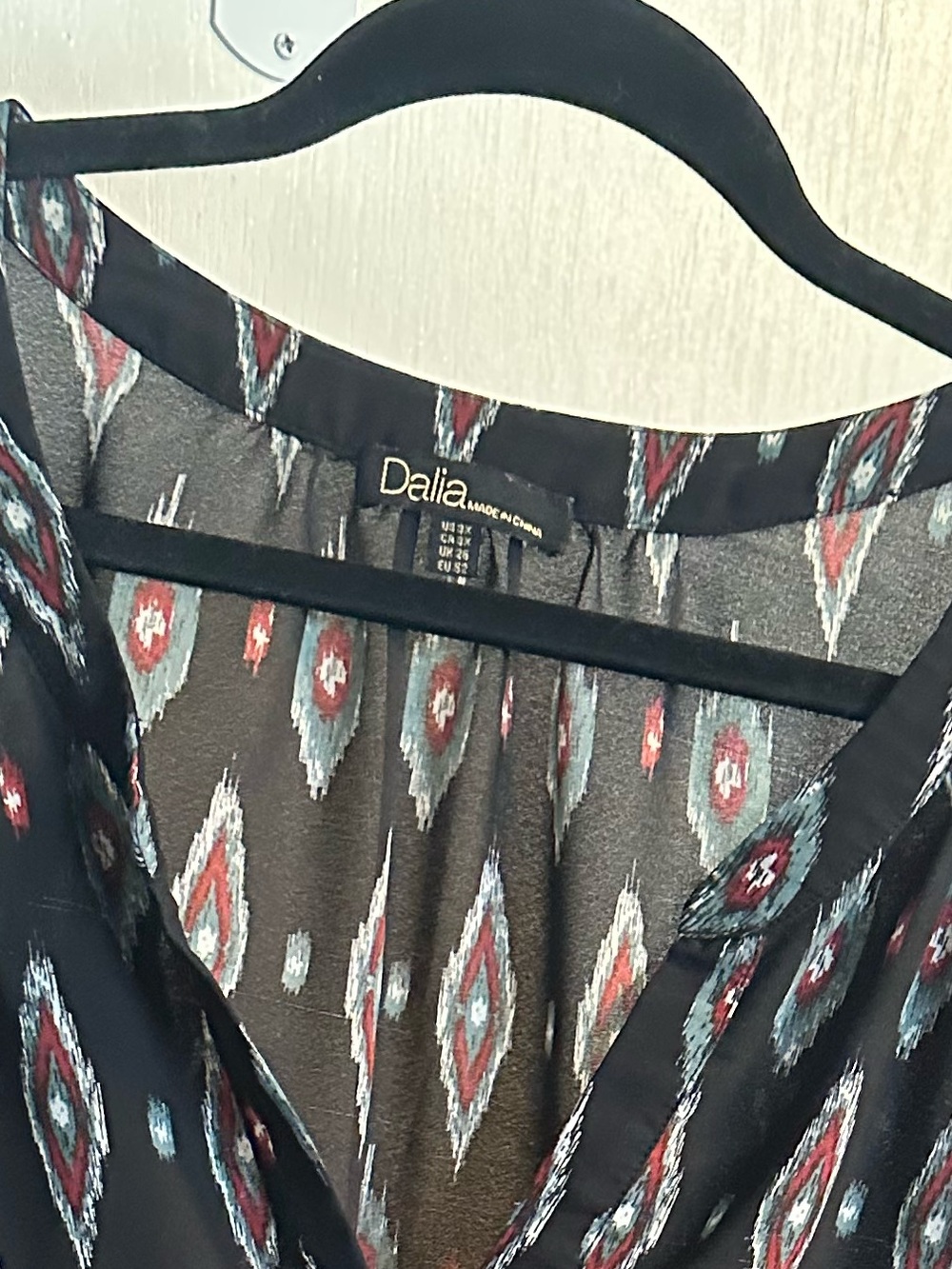 Dalia Black Ikat-Print Blouse with Red and Light Blue Accents